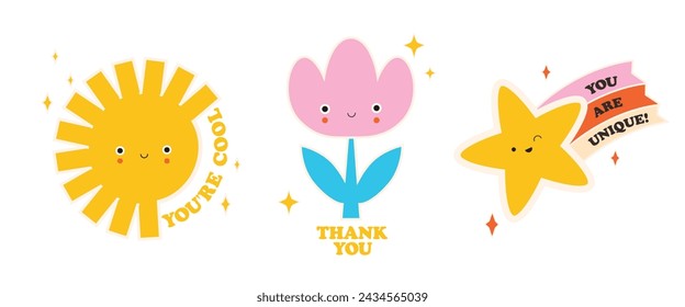 Pegatinas geniales. Lindas pegatinas de motivación kawaii. Diseño vectorial de ilustración de arte pop. Elementos de apoyo funky