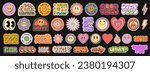 Cool Groovy Stickers Pack Vector Design. Pop Art Smile Patches. Trendy Y2K Emoji Elements. Comic Emoticons.