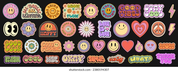 Cool Groovy Stickers Pack Vector Design. Pop Art Smile Patches. Trendy Y2K Emoji Elements. Comic Emoticons.