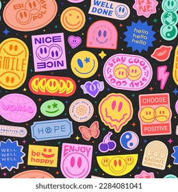 Cool Groovy Stickers Seamless Pattern. Y2k Patches Collage. Pop Art Illustration Vector Design. Funky Background.
