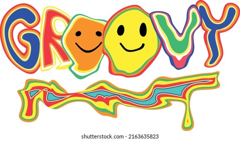 Cool groovy wavy retro lettering with psychedelic groovy smiles. Decorative lettering of melted happy smiles. Good vibes hippie retro style 1960 and 1970	
