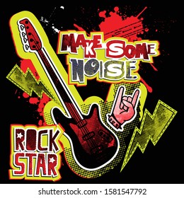 cool grunge print with rock guitar, spray paint. With slogan make some noise. Background for prints, clothes, t shirt, child .Urban original design 