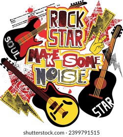 cool grunge print with rock guitar, spray paint. With slogan make some noise. Background for prints, clothes, t shirt, child .Urban original design 
