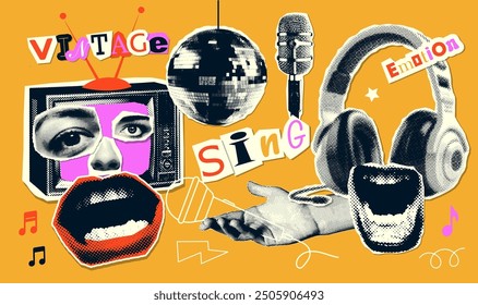 Cooles Grunge-Set von Halbton-Collage-Elementen zum Thema Singen, Vintage-Musik-TV. Kopfhörer, Spiegelkugel und offene Lippen. Trendy Vektorgrafik