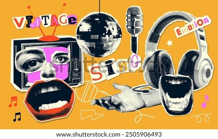 Cool grunge set of halftone collage elements on the theme of singing, vintage music TV. Headphones, mirror ball and open lips. Trendy vector illustration