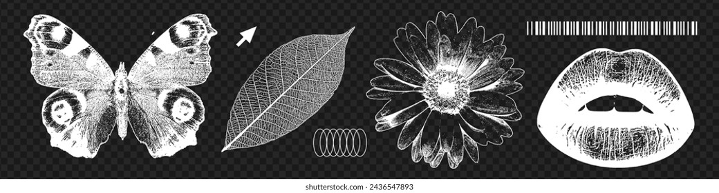 Elementos y2k grungy frescos - flor, labios, mariposa, hoja - con un efecto de fotocopia negativo. Elementos brutales ásperos para el diseño vintage de los años 90. Efecto de grano y punteado. Textura de puntos vectoriales.