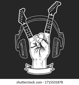 Cool guitar. Rock emblem for music festival. Heavy metall concert. T-shirt print, poster. Musical instrument. Badge, logo art