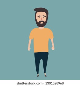 Cool guy with a beard in a yellow t-shirt, modern young hipster.Character in an urban atmosphere. Vector illustration in flat style.