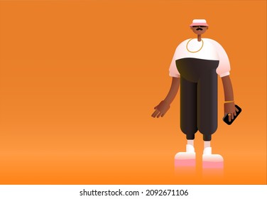 Cool guy in a bucket hat, wearing golden chain, sunglusses and sneakers and holding a smartphone. Orange background. 3d character, vector illustration