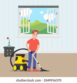 cool guy cleaning his house flat illustration
