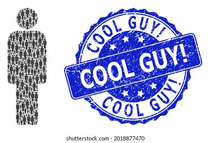 Cool Guy Exclamation dirty round stamp seal and vector fractal collage person. Blue seal has Cool Guy Exclamation title inside round shape. Vector collage is formed with random person items.