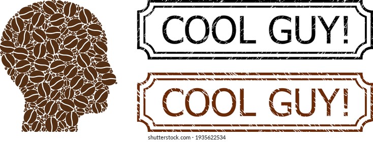 Cool Guy Exclamation Distress Rubber Stamps with Notches and Human Head Collage of Coffee Beans