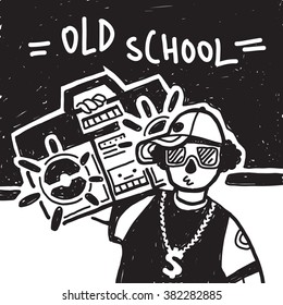 Cool guy with a ghetto blaster and old school sign vector illustration