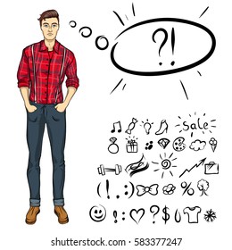 Cool guy. He is dressed in a shirt. His stylish hairdo. You can use the symbols next to him.