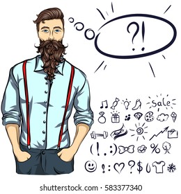 Cool guy. He is dressed in a shirt and jeans. His stylish hairdo and beard. You can use the symbols next to him.