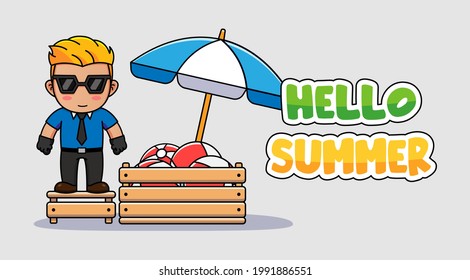 Cool guy with hello summer greeting banner