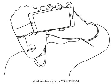 Cool guy holding a smartphone drawn by one line on a white background. Stock image of a man with a screen with place for text. Vector illustration of a demonstration of a gadget.