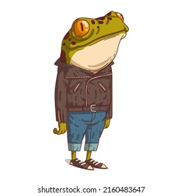 Cool Guy, isolated vector illustration. Serene anthropomorphic frog in a leather jacket admiring something. Positive humanized toad. A rocker. A punk. A biker. An animal character with a human body