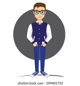 Cool guy in jeans and bomber
Tough guy in the bomber, wearing jeans and sneakers. He wears trendy glasses hipster style.
