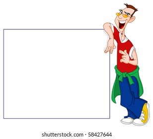 Cool guy leaning on a blank sign
