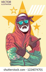 Cool Guy Rapper Shows Arms Guns. Image For Print On T-shirts And Souvenirs. Hip Hop Dancer Tattoo. Gangster With White Beard. Cover For Rap Album. Layered Vector Illustration On Yellow Background