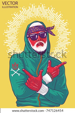 Cool guy rapper shows arms guns. Image for print on T-shirts and souvenirs. Hip hop dancer tattoo. Gangster with white beard. Cover for rap album. Layered vector illustration on yellow background