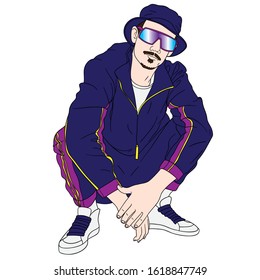 cool guy in a sports suit sits in a crouch with sunglasses. russian squat, colorful, blue, purple, old school.