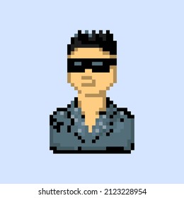 Hombre genial con gafas de sol retrato de avatar aislado en el estilo de arte de píxeles