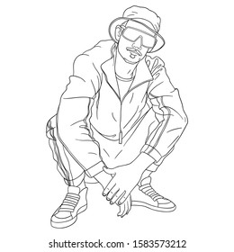 cool guy in tracksuit sits on the floor and wears a tracksuit. sunglasses, hat, hiphop, russian squat, monochrome.