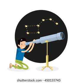 Cool guy vector character looks through a telescope and sitting on his knees and sees the constellation URSA major. Flat design vector illustration of cute boy watching through telescope. 