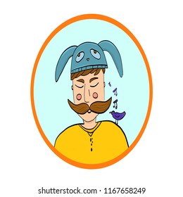 Cool guy.Vector portrait of man with  beard and singing a litle birds .Image for print on T-shirts and souvenirs, avatar, sign, ads, promo.  Pop art retro vector illustration