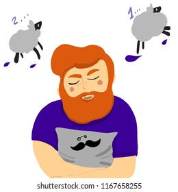 Cool guy.Vector portrait of man with  beard with sleeping cat. Lovely Image for print on T-shirts and souvenirs, avatar, sign, ads, promo.  Pop art retro vector illustration