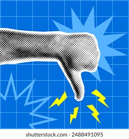 Cool Halftone comic dotted collage with hand showing thumbs down, dislike. Template in retro style, groove, pop art, design on a checkered background for wallpaper, flyer, banner. Vector EPS10