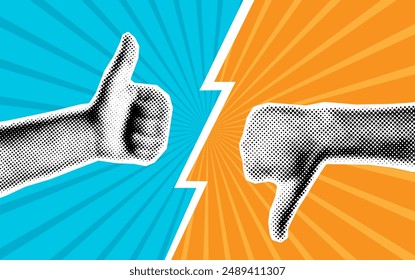  Cool Halftone comic dotted collage with hand showing thumbs up vs thumbs down, like, dislike. Template in retro style, groove, pop art with disintegrating rays for wallpaper, flyer. Vector EPS10