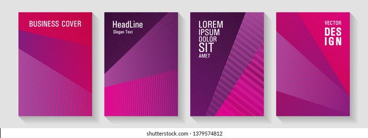 Cool halftone geometric shapes covers vector set. Brochure business templates graphic design in pink magenta purple. Geometric shapes with gradient halftone lines texture. Business covers