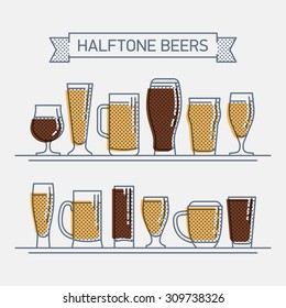 Cool halftone linear flat design vector beer glassware set | Various types of beer glasses. Ideal for bars, pubs and restaurants menu design, posters, labels and brewery insignia