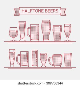 Cool halftone linear flat design vector beer glassware set | Various types of beer glasses, mugs and goblets in trendy outline style featuring stout, lager, porter, ale, pilsner and other beer glasses