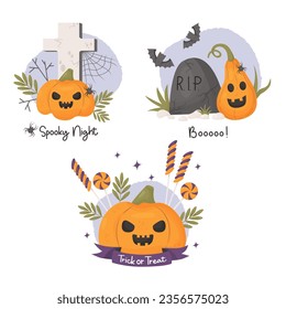 Cool Halloween cards. Cute pumpkin lantern jack, cemetery with cross, tombstone with bats and sweet candies. Vector illustration in cartoon style. Isolated festive horror characters on white