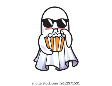 Cool Halloween ghost character wearing sunglasses and enjoying popcorn with a playful expression. Halloween concept