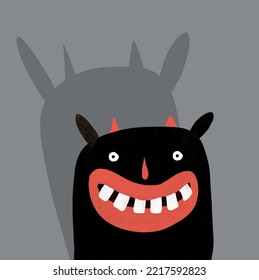 Cool Halloween Vector Illustration with Happy Devil and His Shadow on a Gray Background. Hand Drawn Halloween Card with Smiling Black Monster with Big Mouth. Crayon Drawing Style Spooky Print.