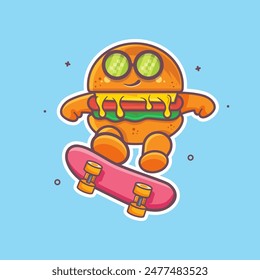 mascota de personaje animal de comida de hamburguesa fresca jugando skateboard caricatura aislada