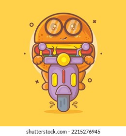 genial hamburguesa personaje de comida mascota montando motocicleta scooter dibujos aislados de diseño de estilo plano 