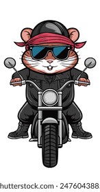 Cool hamster in biker suit, bandana and sunglasses on motorcycle. Vertical vector colorful logo sticker logo 