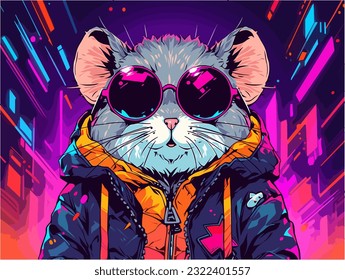 Ein cooler Hamster mit dunkler Sonnenbrille und Lederjacke, der mit Haltung aufposiert