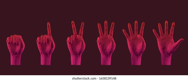 Cool Hand Count. Set of Gradient Counting Hands on Dark Background. Low Poly Vector 3D Rendering