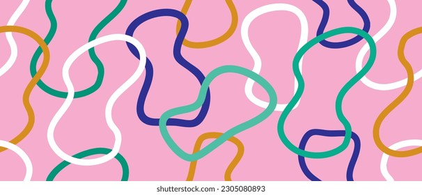 Cool Hand Drawn Abstract Wavy Lines Vector Pattern. Colorful Messy Lines on a Light Pink Background. Simple Irregular Geometric Vector Print ideal for Wrapping Paper. Groovy Retro Pattern.