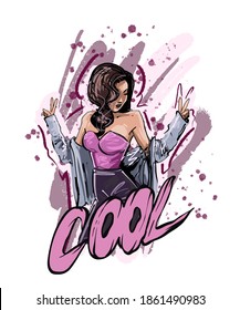 Cool. Hand drawn beautiful young woman. Fashion woman look. Sketch. Vector illustration 