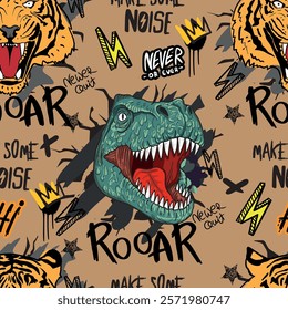 Cool hand drawn cartoon  tiger and t rex pattern. For children's textiles, wrapping paper, prints