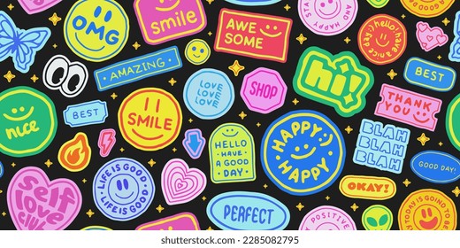 Cool Hand Drawn Comic Stickers Collage Seamless Pattern. Trendy Y2k Patches. Groovy badges.