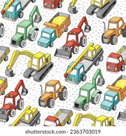 Cool hand drawn doodle construction trucks grey geometric seamless pattern background